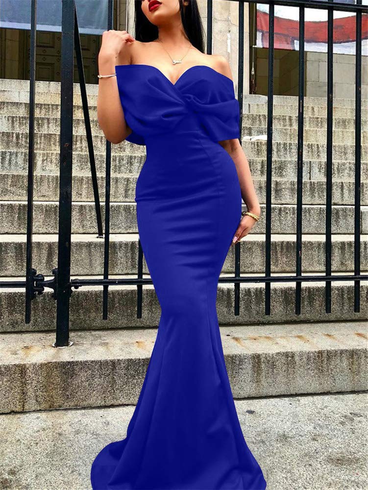 GOBLES Women Sexy V Neck Off The Shoulder Evening Gown Fishtail Maxi Dress (L, Royal Blue) - Image 4